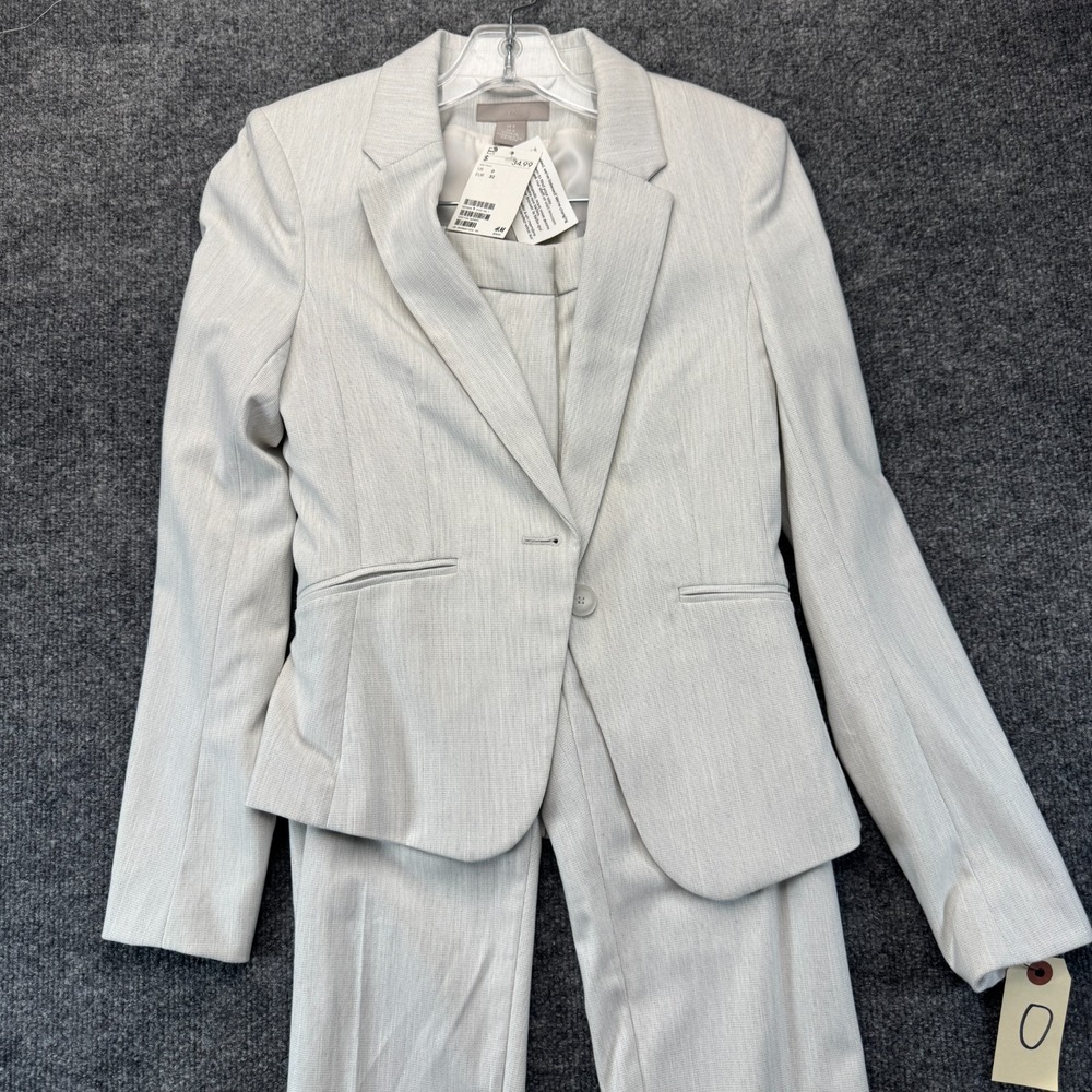 H&M 2-Pc Blazer & Pants Set Women 0 White Textured Single Breasted Office Career